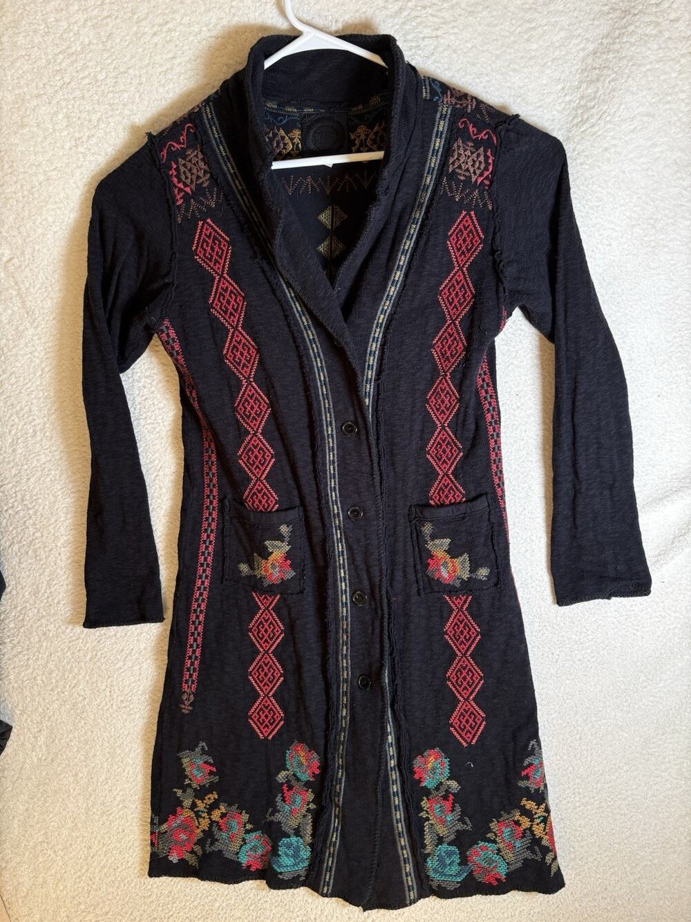 Biya Johnny Was Duster Cardigan Large Floral Embroidered Bohemian Open READ
